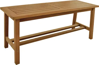 A wooden bench on a white background.