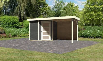 Produktbild von Karibu Gartenhaus Gerätehaus Schwandorf 3 im Set mit Anbaudach 2,40 m Breite und 19 mm  Rückwand terragrau 433x217x218 cm