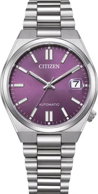 A close-up studio shot of a men's wristwatch with a purple dial and silver metal band.
