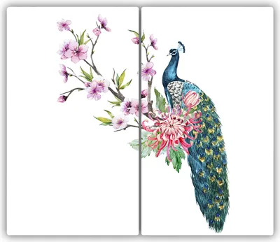 Produktbild von Tulup Glas-Herdabdeckplatte - 2x30x52cm - Glaskeramikkochfeld-Abdeckung Spritzschutz Zweiteilig Pfau und Blumen