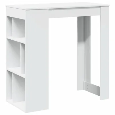A white bar table with integrated shelving on one side, shown against a white background.