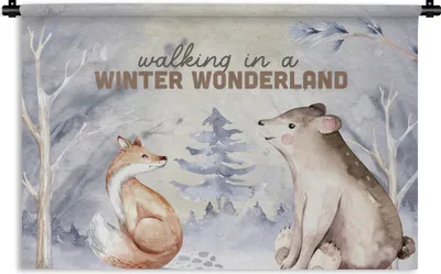 Produktbild von MuchoWow® Wandteppich Wandbehang Winter - Fuchs - Bär - Schnee 60x40 cm Tapisserie Dekoration Wandtuch - Wanddekorationen