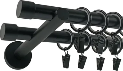 A close-up, studio shot of a black double curtain rod with rings and clips.