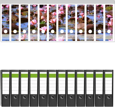 Produktbild von Wallario 12 Stück breite Ordner inkl. Klebeetiketten mit Motive Seerosenlandschaft mit rosa Blüten -  Set mit Rückenschildern / Ordnerrücken Stickern