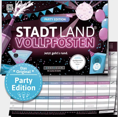 Produktbild von Stadt Land Vollpfosten® Party Edition – "Jetzt geht's rund." | A4 Spielblock