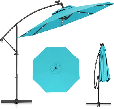 A turquoise cantilever umbrella with solar LEDs and a crank is displayed from multiple angles against a white background.