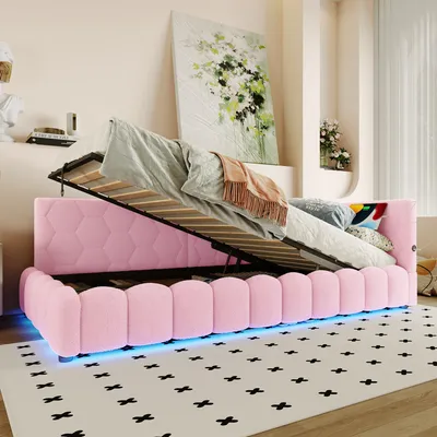 Produktbild von Merax Daybett 90x200 cmt mit LED-Beleuchtung, Hydraulisches Polsterbett mit Stauraum, Schlafsofa Tagesbett mit USB Typ-C, Rosa