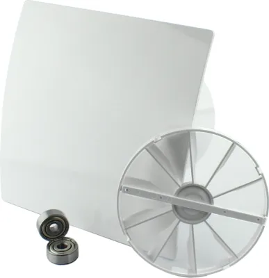 A white ventilation fan impeller and two ball bearings are shown against a white background.