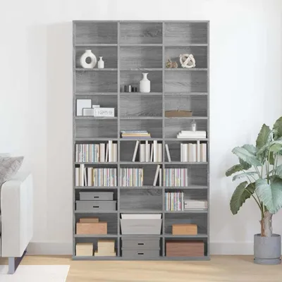 Zdjęcie produktu dla Regal na płyty CD, DVD i Blu-ray, półka na media, stojąca, regał na książki, kolor szary Sonoma, wymiary 102x23x177,5 cm, materiał: płyta wiórowa