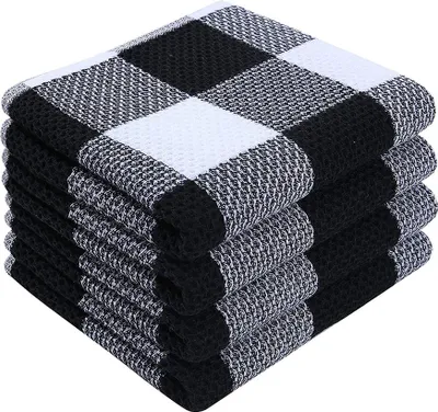 Obrázek produktu pro sada 4 utěrek, 100 % bavlna, 33 x 71 cm, měkké utěrky, savé kuchyňské utěrky, utěrka bez žmolků s kostkovaným vzorem, čisticí utěrky, černobílá barva
