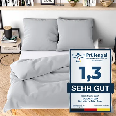 Produktbild von Wolkenfeld Bettwäsche 155x200 Hellgrau 2teilig - kuschlig weich & bügelfrei - 1x Bettbezug + 1x Kissenbezug 80x80