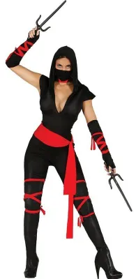 Produktbild von Ninja Kämpfer Abenteuerkostüm Rot Schwarz Kapuze Kleid Karneval Accessoires, Größe: 38 - 40 (M) Farbe: Schwarz