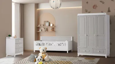 Produktbild von Skandinavisches Kinderzimmer Set Kinderbett Kleiderschrank & Kommode