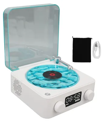 Produktbild von Vintage-Plattenspieler, Bluetooth-Lautsprecher, 4 Modi, tragbarer kabelloser Plattenspieler, Stereoanlage mit Uhr und sanftem Nachtlicht für Zuhause,