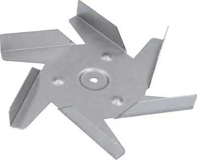 A silver fan blade with six blades is shown against a white background.
