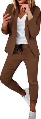 Produktbild von ASKSA Damen Lange aermel Hosenanzug Elegant Business Anzug Slim Fit Revers Set Einfarbig Streetwear Freizeitanzug, Kaffee, Groesse: M