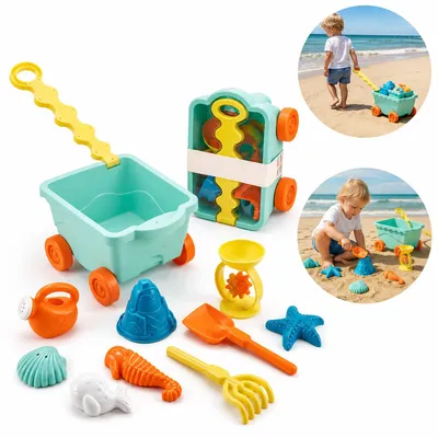 Produktbild von Strandspielzeug Set mit Ziehwagen 10-teilig buntes Kinderspielzeug Sandkasten Spielzeug für kreative Outdoor Spiele am Strand und Camping