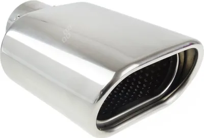 A close-up studio shot of a shiny, metallic exhaust tip.