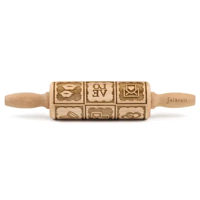 Obrázek produktu pro Folkroll váleček na těsto Love Message, junior, 23 cm, váleček, reliéfní váleček, vzor, motiv, váleček, bukové dřevo, 334089