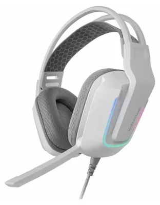 A white gaming headset with a microphone is shown against a white background.