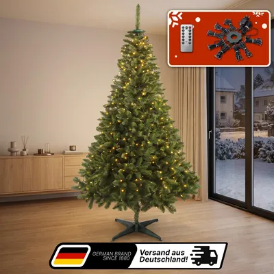 Produktbild von Lindenstein Weihnachtsbaum 90/120/150/180/200/220cm, PVC, mit LED-Baummantel Weihnachtsbaum künstlich wie echt, Weihnachtsbaum mit Beleuchtung, Lichtketten mit Ring