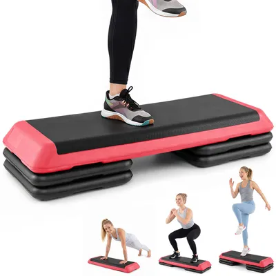 Produktbild von COSTWAY Aerobic Stepper höhenverstellbar, Fitness Stepper mit 4 Stützblöcken, rutschfester & strukturierter Oberfläche, Steppbrett, Rot