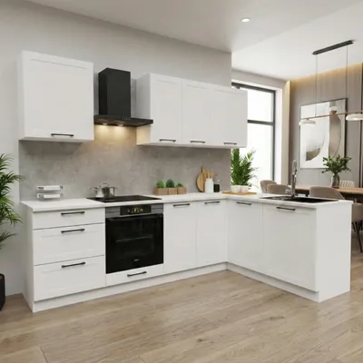 Produktbild von Küchenzeile - Küche L Form - 260x170 cm - Weiß Matt - mit weißer Arbeitsplatte - MDF - Küchenmöbel - ADELE