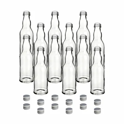 Produktbild von gouveo Glasflaschen-Set, 12x 200 ml, mit silberfarbenem Schraubverschluss, Kropfhals, leer, ca. 5,5x18,2 cm (Ø x H) – ideal für Likör, Saft, Smoothie