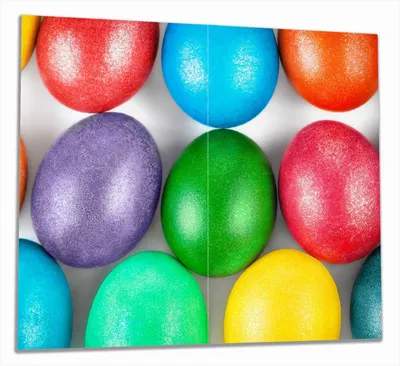 Produktbild von Wallario Herdabdeckplatte aus Glas, Größe 60 x 52 cm 2-teilig, Motiv Bunte Oster-Eier in Nahaufnahme mit kräftigen Farben