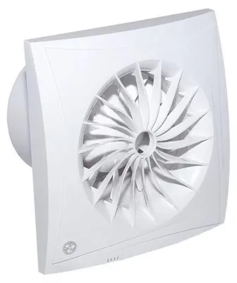 A white bathroom fan is shown from a three-quarter angle against a white background.