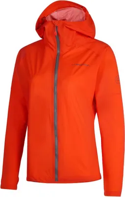Windbreaker "Pocketshell Jkt W" von La Sportiva in leuchtendem Orange mit Kapuze.