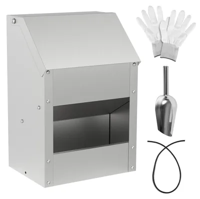 Image de Distributeur de nourriture pour volailles Eikuavons, capacité de 5 kg, en acier galvanisé. Comprend un distributeur de nourriture pour poulets avec couvercle, une pelle à nourriture, des gants et 1 mètre de protection de bord