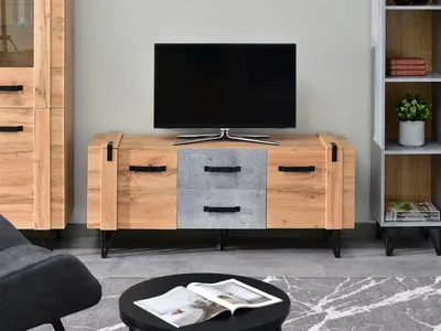 Zdjęcie produktu dla Stolik RTV NIXON - dąb / beton / czarny
