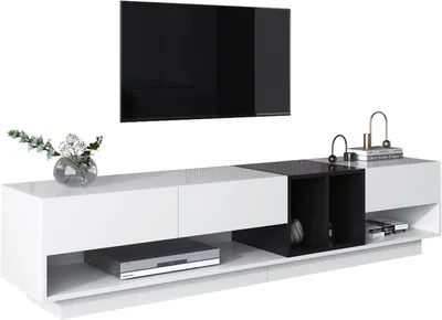 Image de Fortuna Lai Armoire TV, TV Lowboard 190CM, Combinaison en blanc brillant et noir Commode TV,Armoire TV avec tiroirs, compartiments, plusieurs espaces de rangement