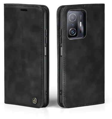 A black flip case for a smartphone is shown from two angles, open and closed.