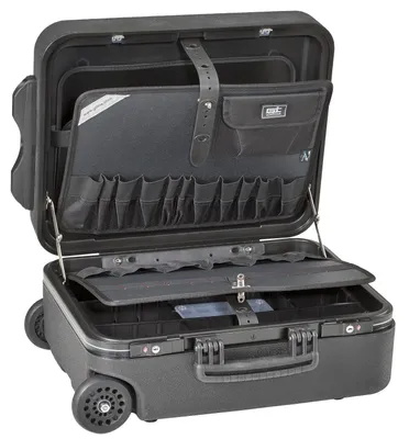 An open black tool trolley with wheels.