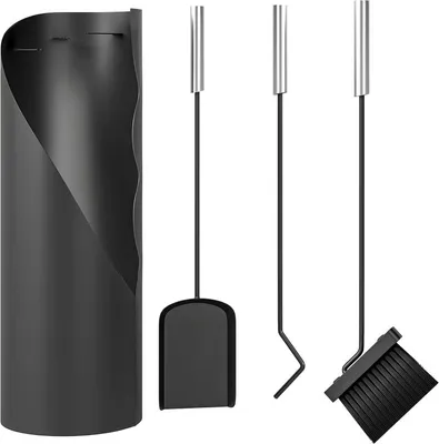 Image de Fortuna Lai Set d'accessoires pour cheminée 4 pièces Accessoires pour cheminée avec balai, pelle, tisonnier et panier, ensemble pour cheminée, métal, noir