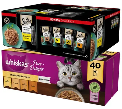 Zdjęcie produktu dla Mokra Karma Dla Kota Whiskas Drobiowe Frykasy 40x85g + Sheba Delicacy Drobiowe Smaki W Galaretce 80x85g