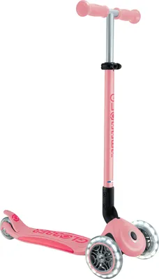 A pink three-wheeled scooter for children, shown from a slightly elevated side-angle against a white background.