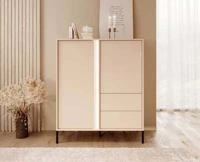 Image de Commode Highborad Dast 103 x 39,5 x 123 cm, beige, 2 portes, avec éclairage LED