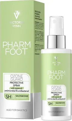 A product box and bottle of Pharm Foot Ozone Guard Protective Spray.
