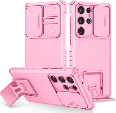 Produktbild von Galaxy S23 Ultra Hülle, Dual Layer Ständer Schutzhülle mit Schiebe Kamera Schutz für Samsung Galaxy S23 Ultra Pink