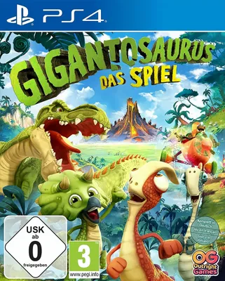 The image is the cover art for the video game 'Gigantosaurus: Das Spiel' for PlayStation 4. It features several cartoon dinosaurs in a jungle environment with a volcano in the background. There are also age rating symbols and logos.