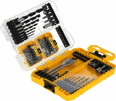 A set of drill bits and driver bits in a clear and yellow DeWalt case.