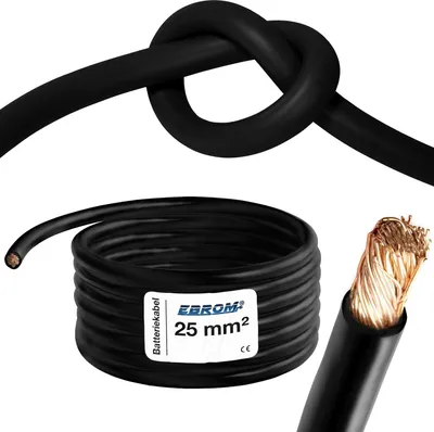Produktbild von EBROM Batteriekabel hochflexibel Hi-Flex (Hi Flex) 25mm2 Kabel – Meterware SCHWARZ - sehr biegsam – Mantel aus PVC (70 ± 5 Shore) – 99,9 % OFC Kupfer 25 mm² - als Starterkabel, Ladekabel oder ähnliches