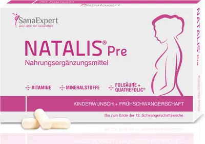 Produktbild von SanaExpert Natalis Pre, Vitamine bei Kinderwunsch und früher Schwangerschaft mit Folsäure, Eisen, Nahrungsergänzung, Monatspackung à 30 Kapseln