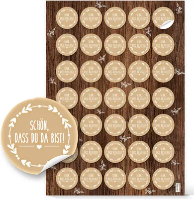 Produktbild von Logbuch-Verlag 140 runde Aufkleber SCHÖN DASS DU DA BIST beige natur weiß Ø 3,2 cm Vintage Geschenkaufkleber Gastgeschenk Verpackung Hochzeit Geburtstag70 Aufkleber / 2 Bögen