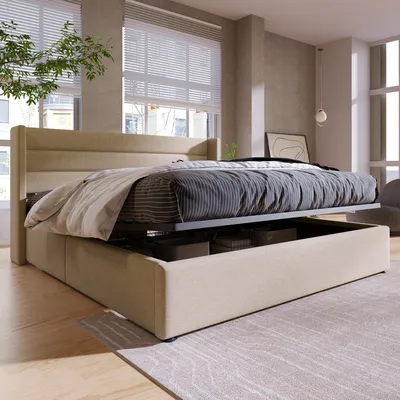 A bed with storage is shown in a room.