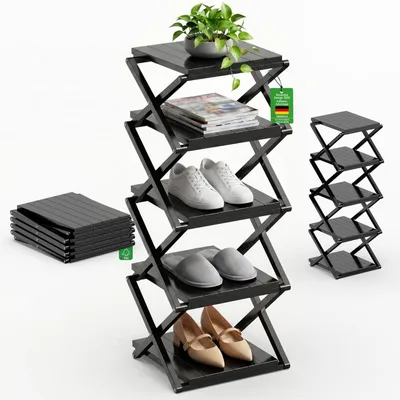 Immagine prodotto di Scaffale pieghevole per scarpe, 5 ripiani, bambù nero, 27x25x92 cm