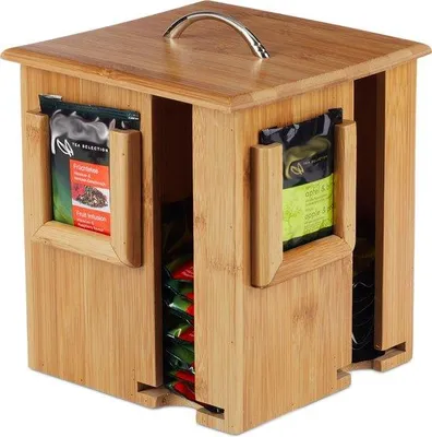 Obrázek produktu pro Bambusová krabička na čaj se 4 přihrádkami – otočný design, pojme 160 čajových sáčků, ekologická a stylová